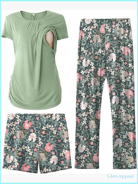Other - Maternity Nursing Pajama Set Medium Rayon Short Sleeve 3 Piece PJS